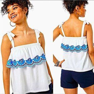 Lilly Pulitzer Benita Scalloped Blue Embroidered Tank Top in Resort White S